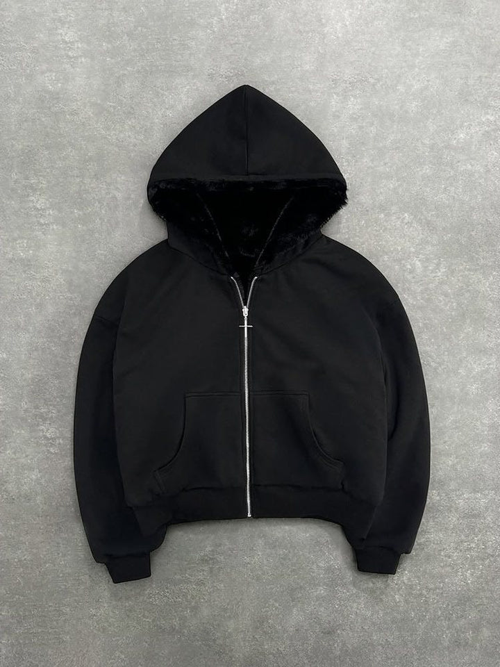 Unisex Kapuzen-Sweatjacke mit Kunstfellfutter, verkürztem Schnitt und Kreuz-Reißverschluss Echo Archiv