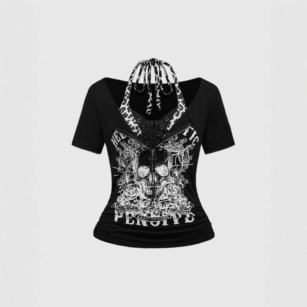 Damen Trendy Crop-Top mit einzigartigem Grafikdruck und Schnürdetails Echo Archiv