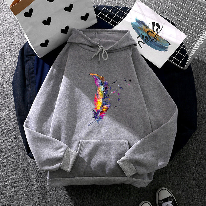 Damen Kapuzenpullover mit künstlerischem Aquarell‑Federmotiv, Oversize‑Schnitt und Kängurutasche – Auréline