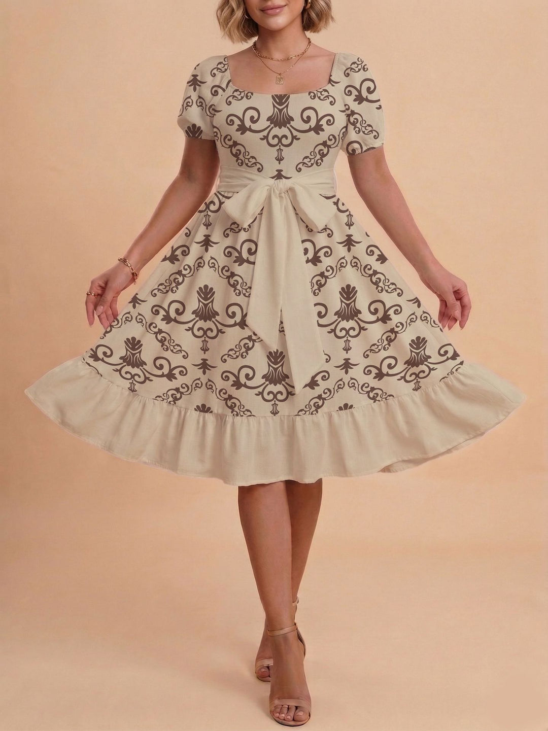 Damen Midikleid mit verspieltem Druck und tailliertem Schnitt Echo Archiv