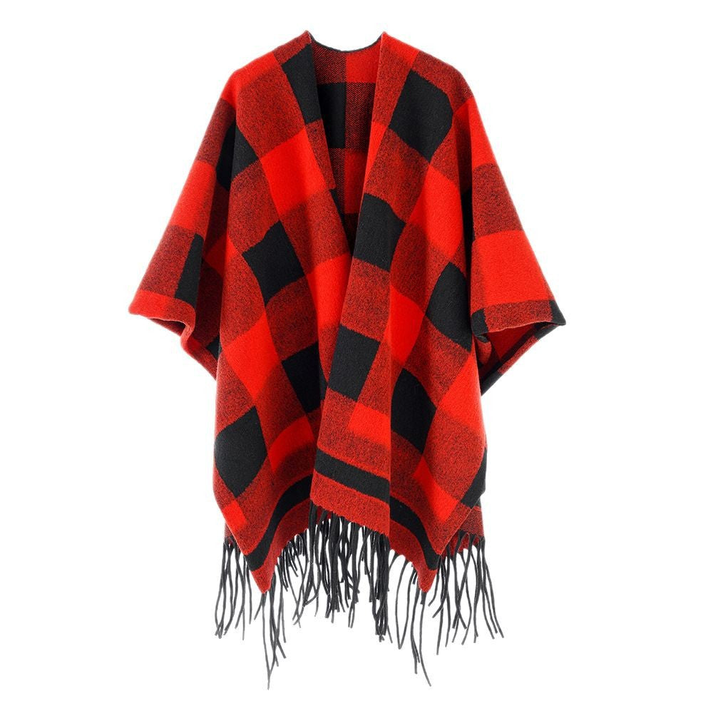 Damen Capeponcho im Plaid-Wickelstil aus Wollmix mit Fransensaum – Montévia