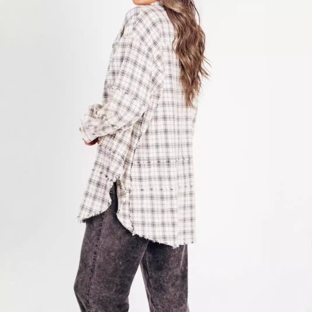 Damen nan oversized Karo-Überhemd mit Fransenbesatz, Brusttaschen und lockerer Passform Echo Archiv