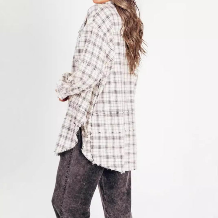 Damen nan oversized Karo-Überhemd mit Fransenbesatz, Brusttaschen und lockerer Passform Echo Archiv