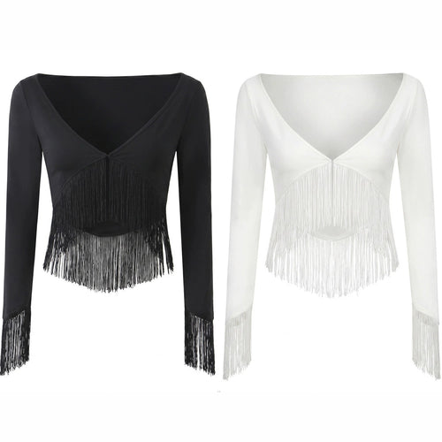 Damen Cropped V‑Neck Oberteil mit langen Ärmeln und dekorativem Fransenbesatz Echo Archiv