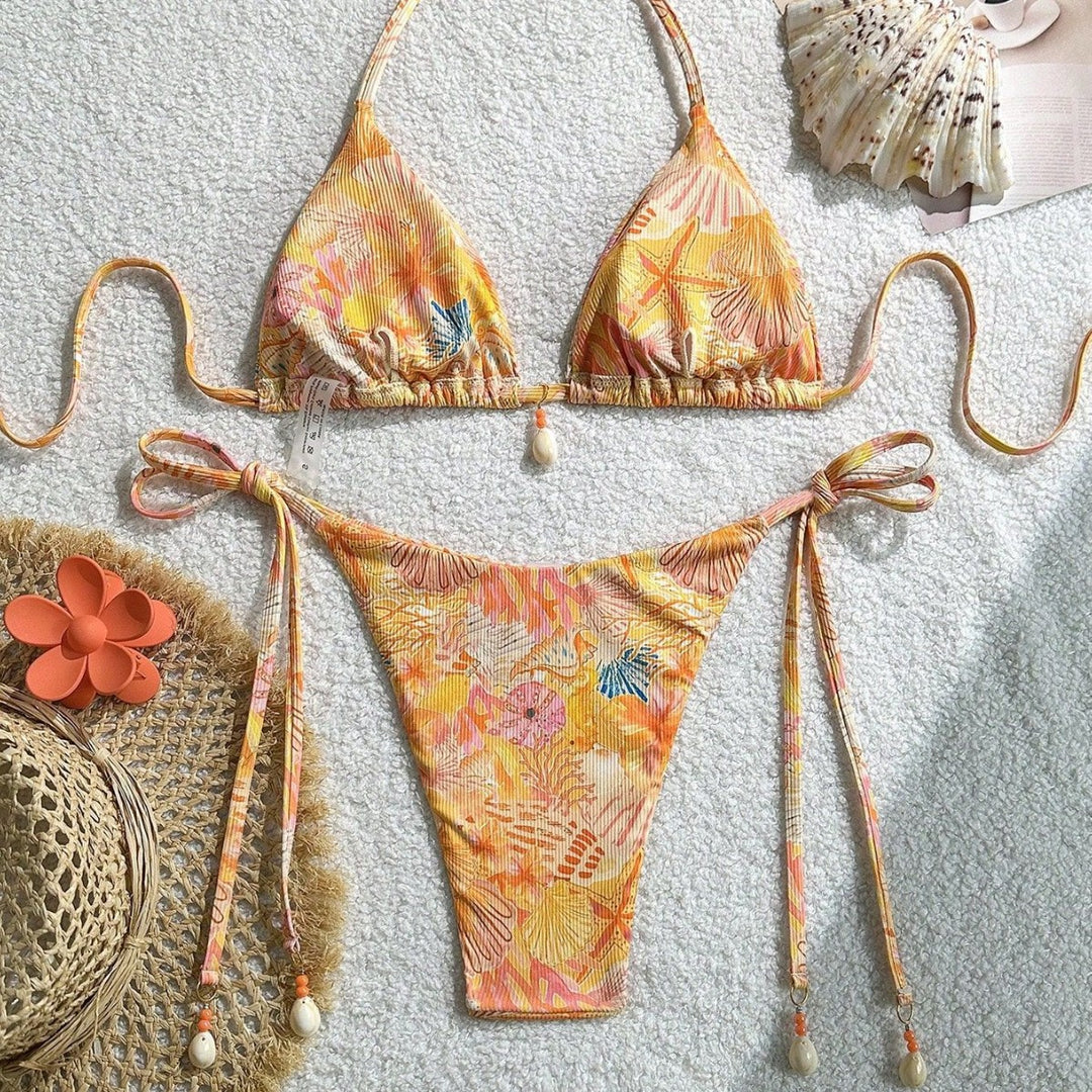 Damen Triangel-Bikini mit tropischem Muster und verspielten Bindebändern Echo Archiv