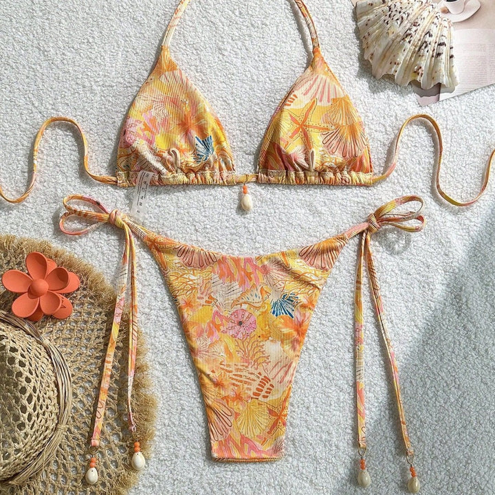 Damen Triangel-Bikini mit tropischem Muster und verspielten Bindebändern Echo Archiv