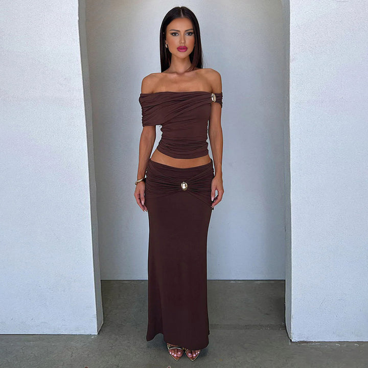 Damen Elegantes Offshoulder Maxikleid mit raffinierten Raffungseffekten Echo Archiv