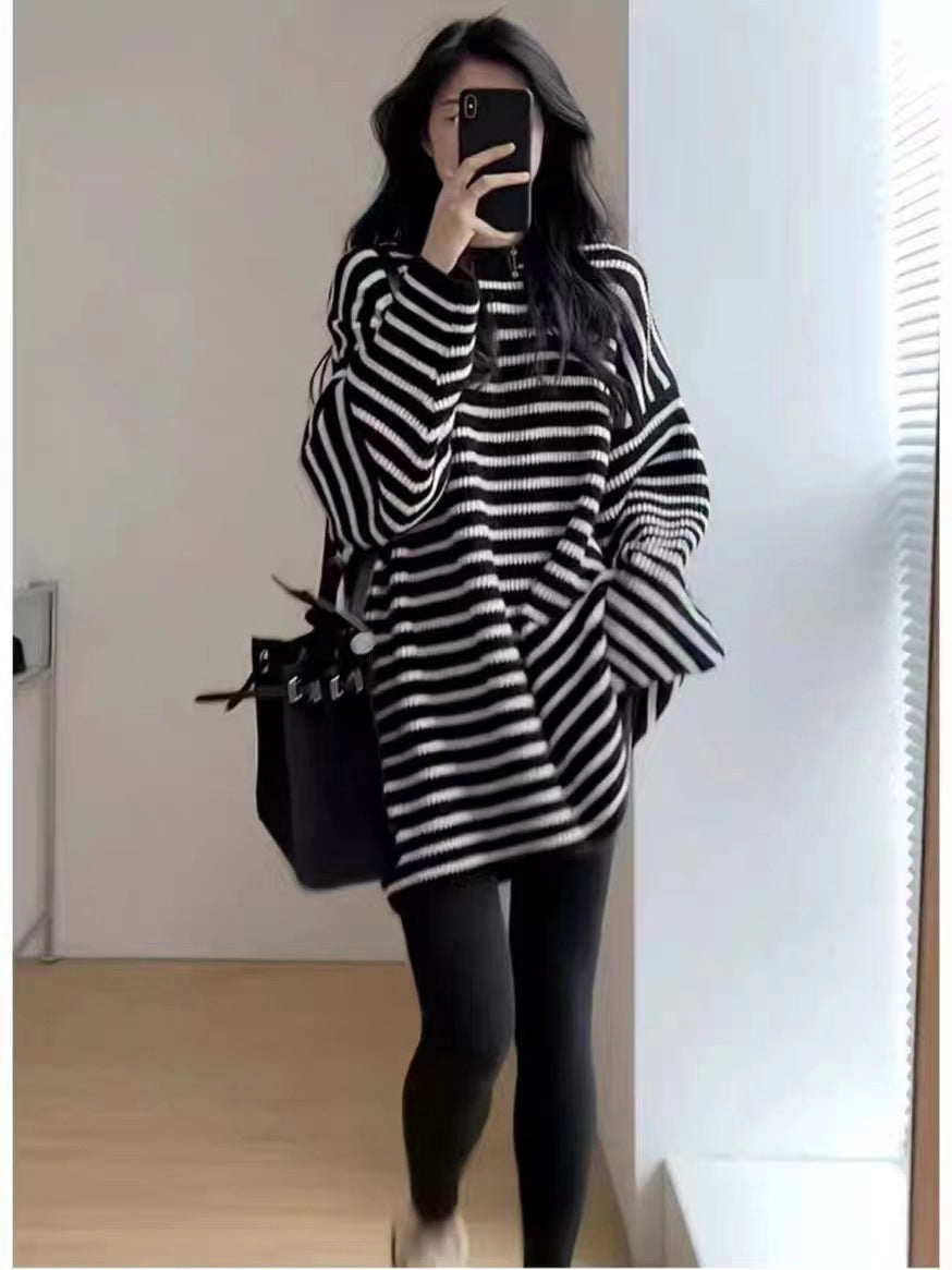Damen Oversize Strick-Longpullover mit horizontaler Streifenstruktur Echoarchiv