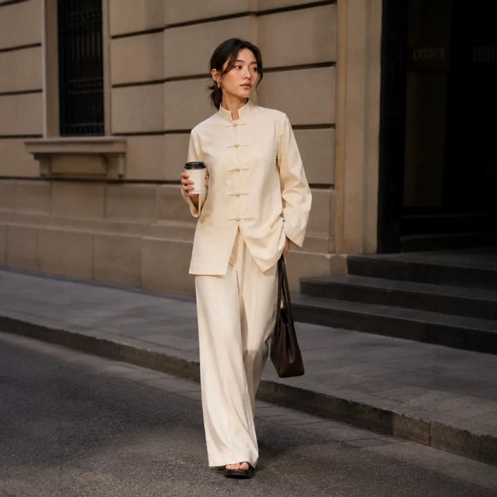 Damen Mandarin-Kragen Tunikajacke mit Knotenverschlüssen und weiter Palazzo-Hose Echoarchiv