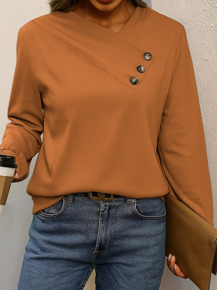 Damen Asymmetrische V-Ausschnitt Bluse mit Zierknopfleiste und Langarm – Élovi