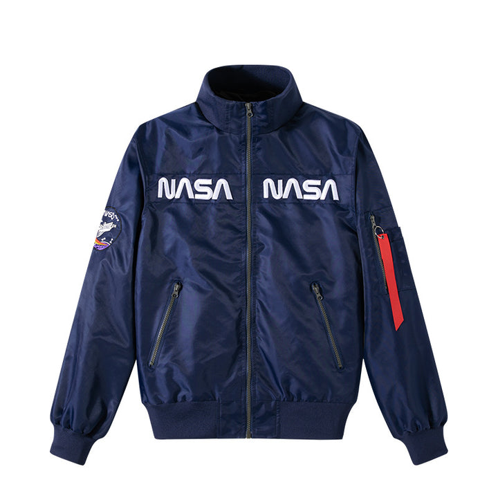 Men's space-inspired insulated zip-front utility jacket with embroidered chest patches – Taviero