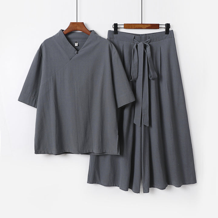 Damen Weites Kimono-Loungewear-Set mit V-Ausschnitt und Culotte-Hose Echoarchiv
