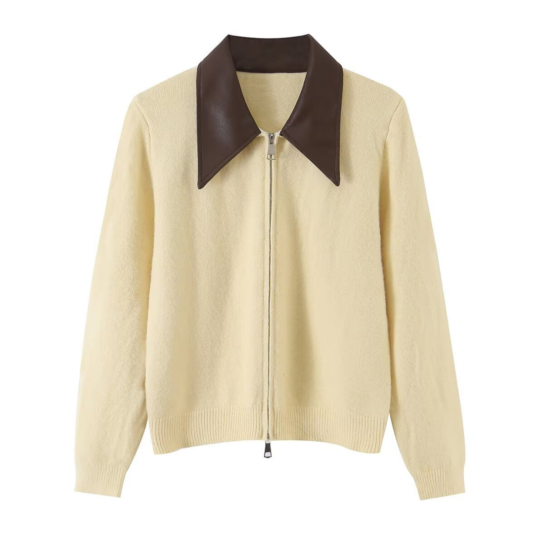 Damen Kurzer Wollmix-Cardigan mit Reißverschluss und kontrastierendem Kunstlederkragen Echoarchiv