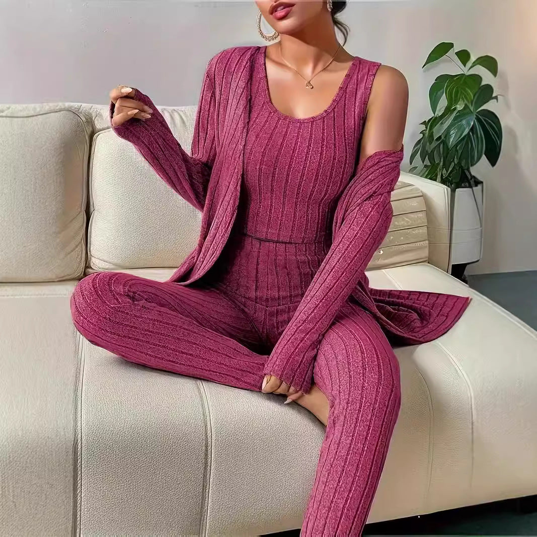Damen Geripptes Lounge-Set mit Cropped-Top, High-Waist-Leggings und Longcardigan Echo Archiv