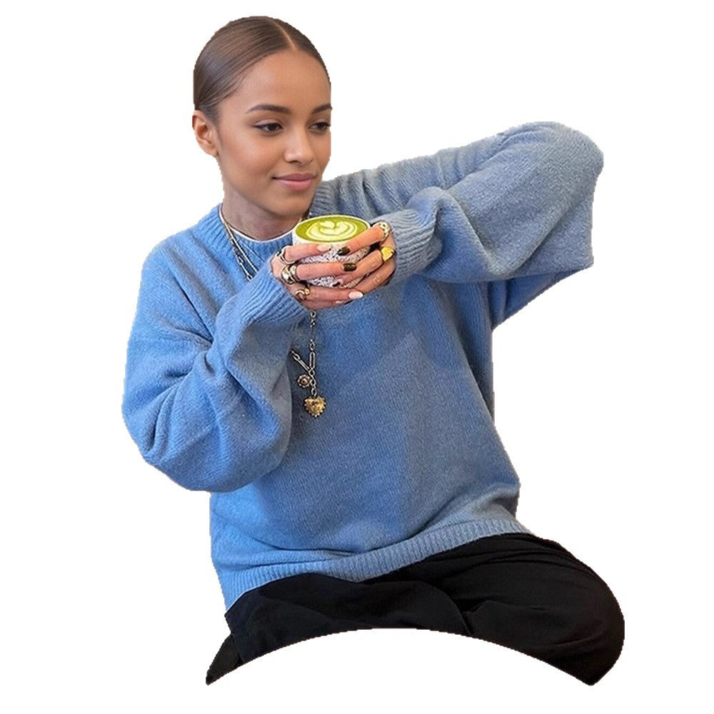 Damen Flauschiger Boxy Strickpullover aus Alpaka-Mix mit weitem Rundhalsausschnitt Echoarchiv