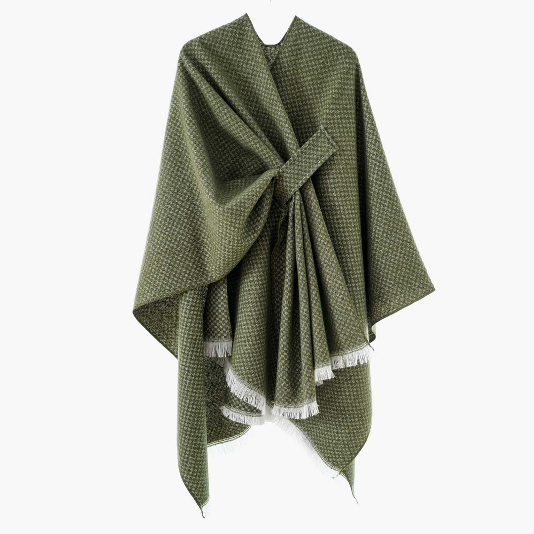 Damen Umlegbarer Wollmix-Poncho mit Hahnentritt-Jacquard und Bindegürtel Echo Archiv