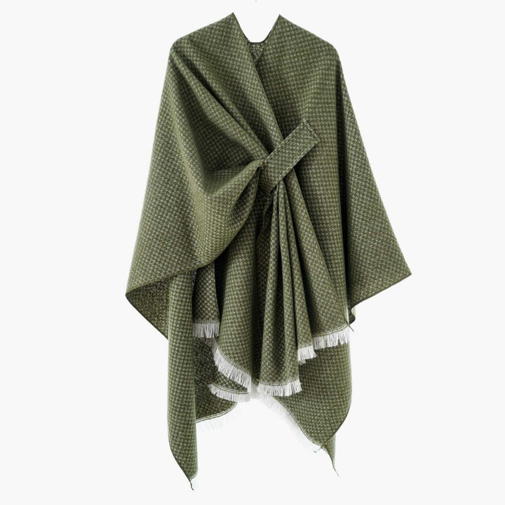 Damen Umlegbarer Wollmix-Poncho mit Hahnentritt-Jacquard und Bindegürtel Echo Archiv