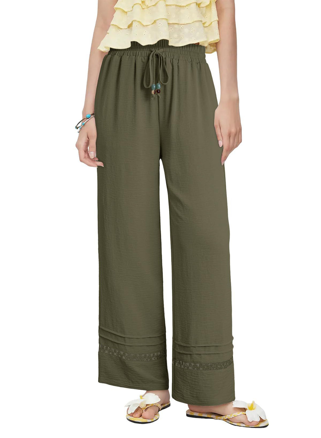 Damen Weite Leinenoptik-Hose mit hohem Gummibund, Bindekordel und Spitzeneinsatz Echo Archiv