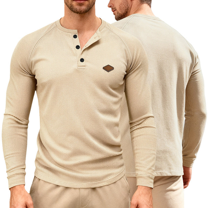 Herren nan Waffelstrick-Henley Langarmshirt mit Raglanärmeln, Halbknopfleiste und Lederlabel Echo Archiv