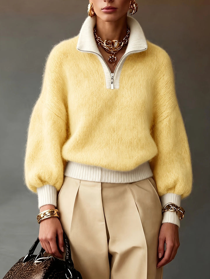 Damen Flauschiger Pullover mit halbem Reißverschluss, Stehkragen und Ballonärmeln – Mavelle
