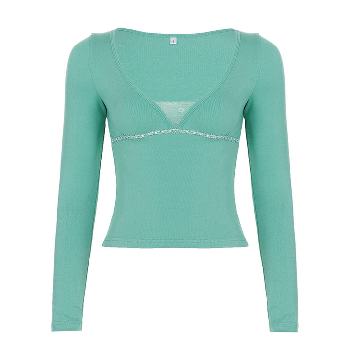 Damen Tailliertes Cropped-Longsleeve mit V‑Ausschnitt, feinem Rippstrick und Spitzen-Unterbrust Echo Archiv