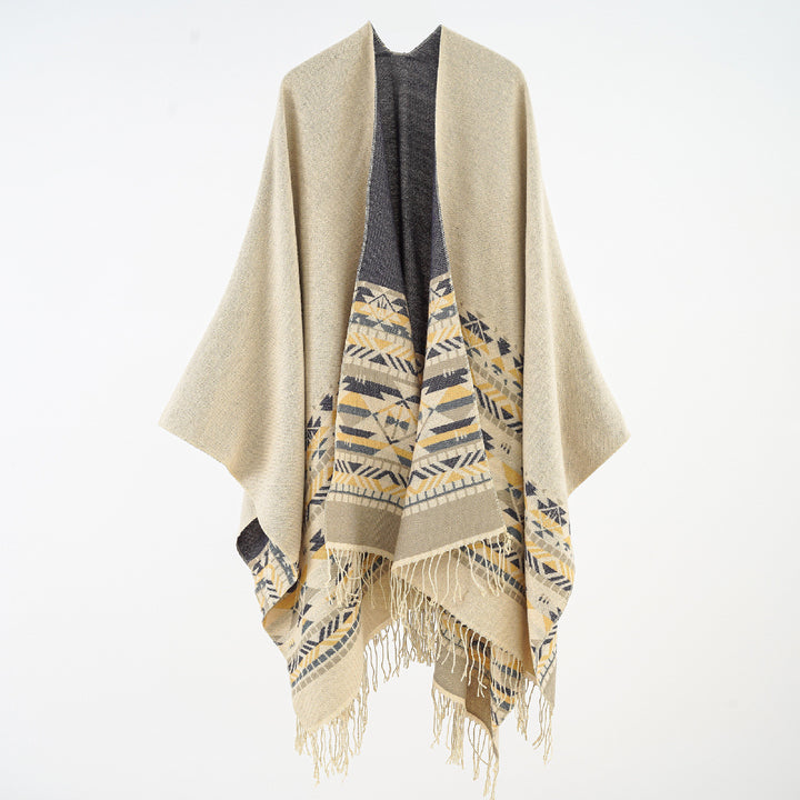 Damen Oversize-Poncho aus Wollmix mit Jacquardbordüre und Fransensaum – Célinea