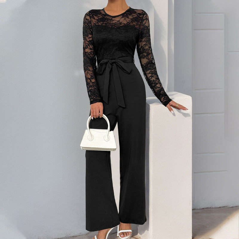 Damen Spitzen-Einteiler mit Taillengürtel und weitem Bein – Solévia