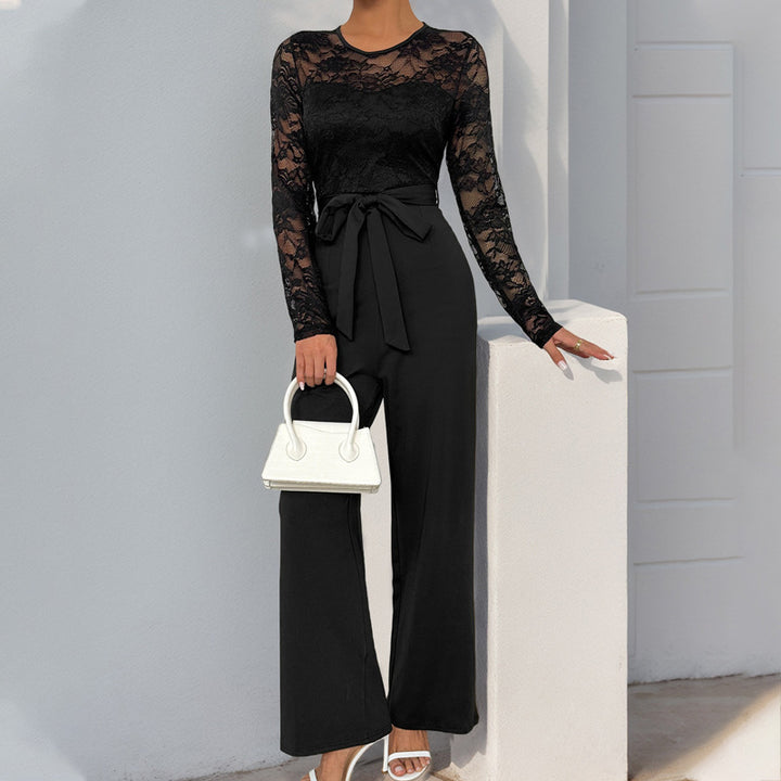 Damen Spitzen-Einteiler mit Taillengürtel und weitem Bein – Solévia