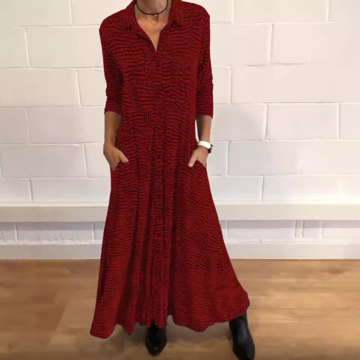 Damen nan fließendes Maxikleid mit Hemdblusenkragen, V-Ausschnitt, dreiviertelärmeln und Seitentaschen Echo Archiv