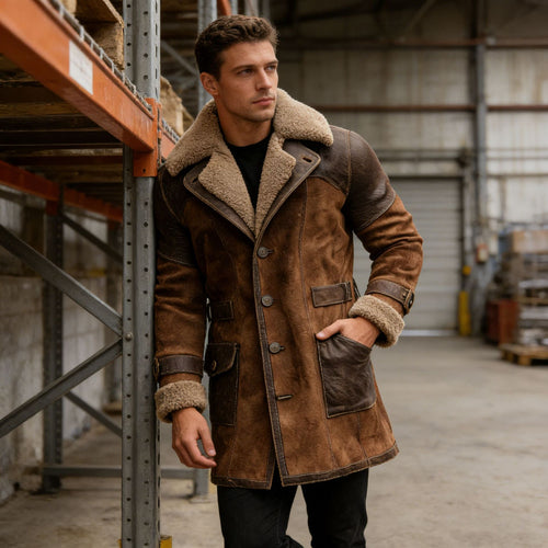 Herren Langer Shearling-Mantel aus Wildleder mit Lederbesatz Echoarchiv