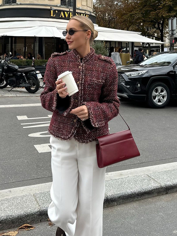 Damen Kurze Bouclé-Tweed-Jacke mit Fransenbesatz und Zierknöpfen Echoarchiv
