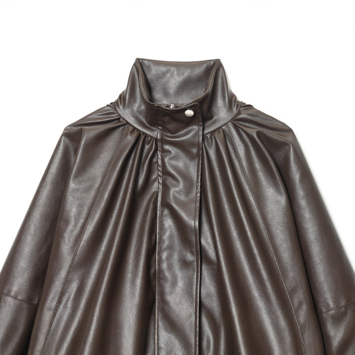 Damen kastiger Kunstleder-Blouson mit hohem Stehkragen, geraffter Schulterpartie und ballonärmeln – Célinea