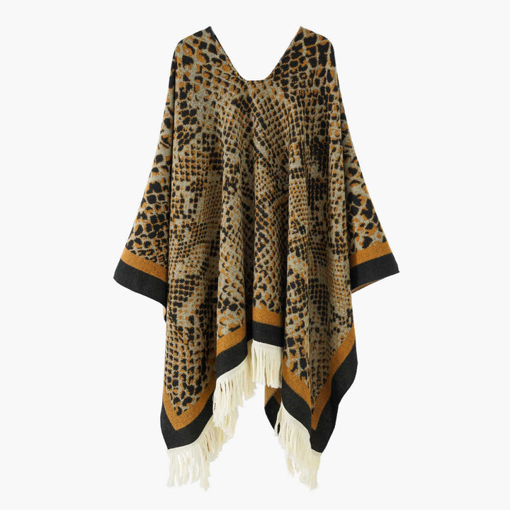 Damen Jacquard-Poncho mit V-Ausschnitt, Animalprint und Fransensaum – Avérine