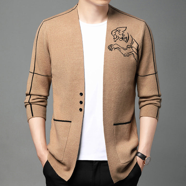 Herren elegante Strickjacke mit gesticktem Design und praktischen Taschen Echoarchiv