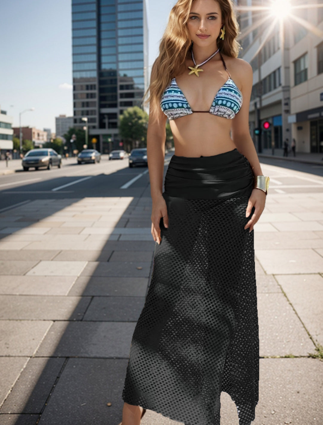 Damen Bikini-Set mit geometrischem Druck und transparenter Strick-Überschlag Echo Archiv