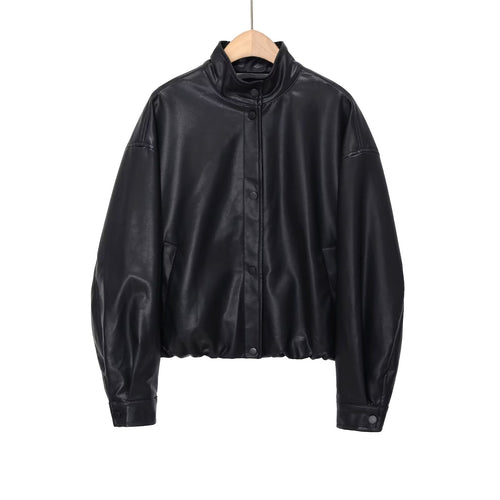Damen kurze PU-Leder Bomberjacke mit Stehkragen, Druckknopfleiste und elastischem Saum – Avenza