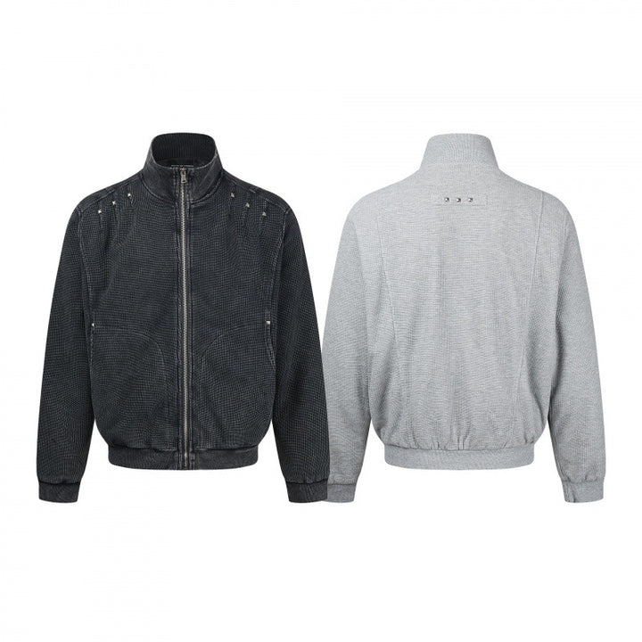 Unisex Grobgestrickte Zip‑Bomberjacke mit Stehkragen, Nieten‑Detail und Reißverschlusstaschen Echo Archiv