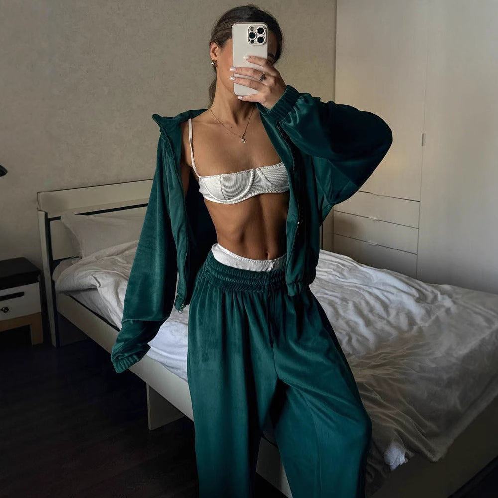 Damen lässiges Lounge-Zweiteiler Set mit Oversize Zipjacke und weitem Bundhose – Élanora