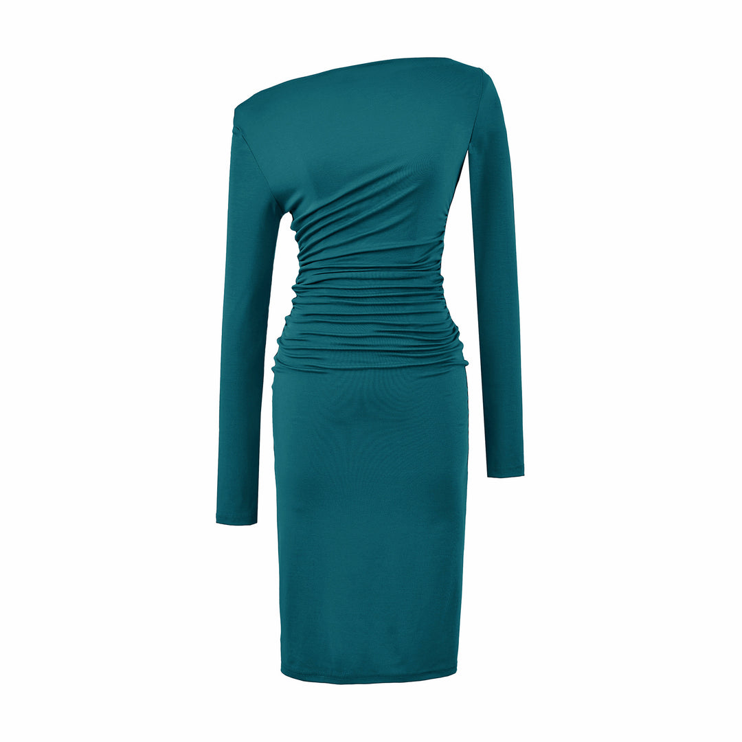 Damen Asymmetrisches Ein-Schulter-Midikleid mit Raffung und Langarm Echoarchiv