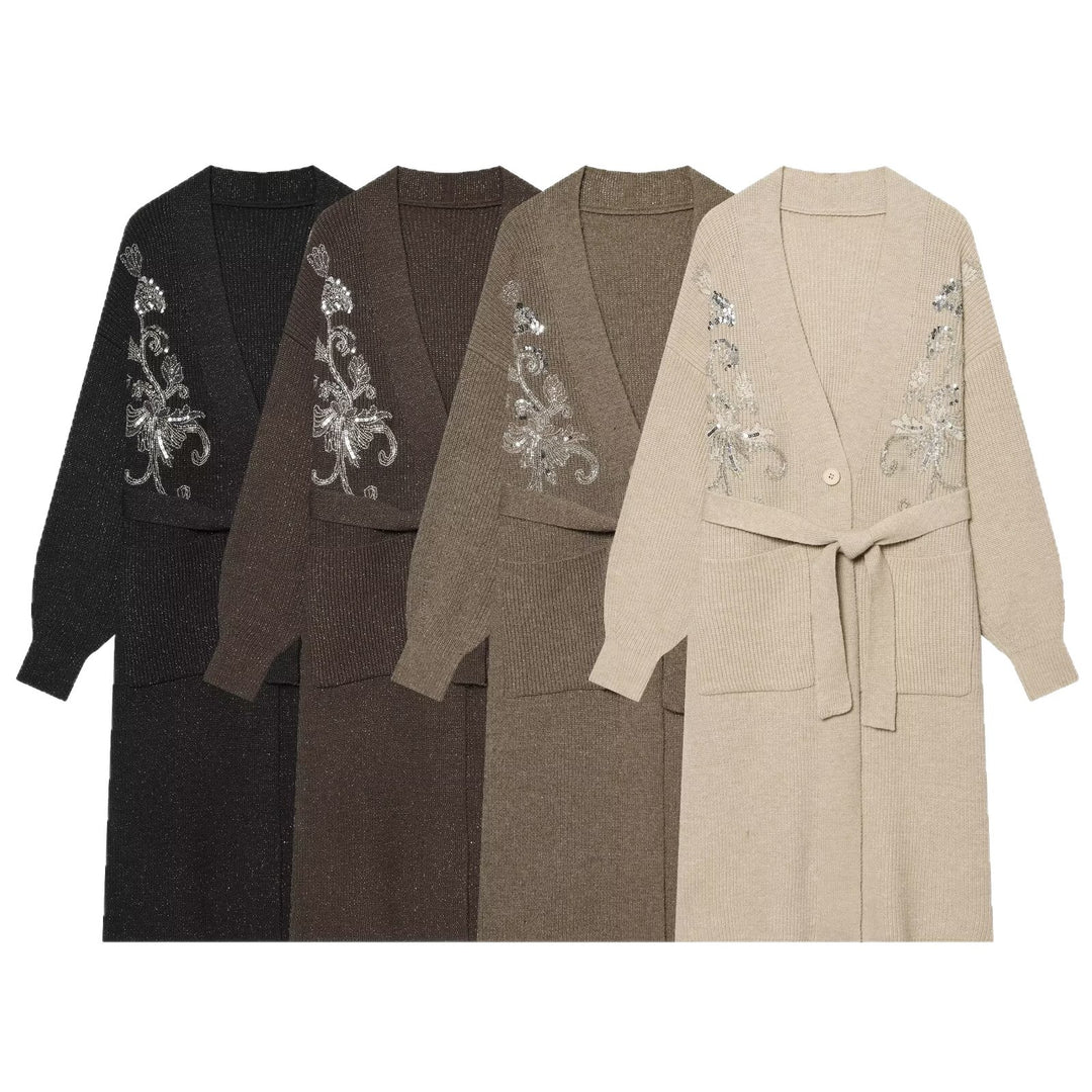Damen Langer Strickcardigan mit Taillengürtel und Pailletten‑Stickerei Echo Archiv