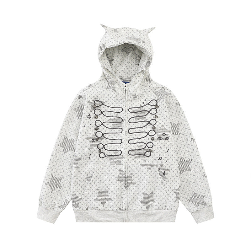 Damen Kapuzen‑Sweatjacke mit 3D‑Ohrenapplikationen, durchgehendem Reißverschluss und verspieltem Militär‑Illustrationsprint Echoarchiv