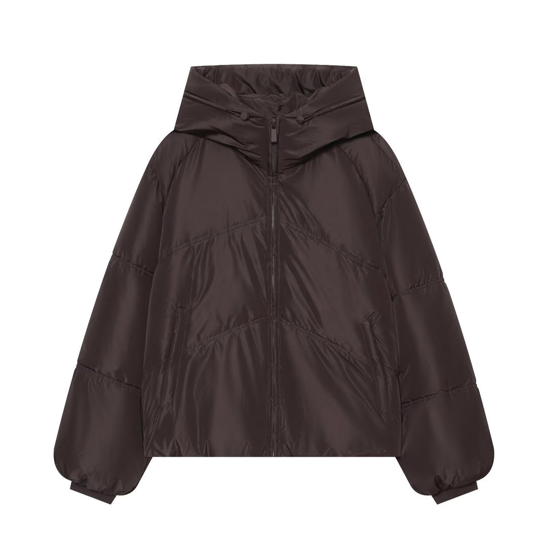 Damen Kurz geschnittene wattierte Oversize‑Steppjacke mit hohem Stehkragen und Kapuze Echoarchiv