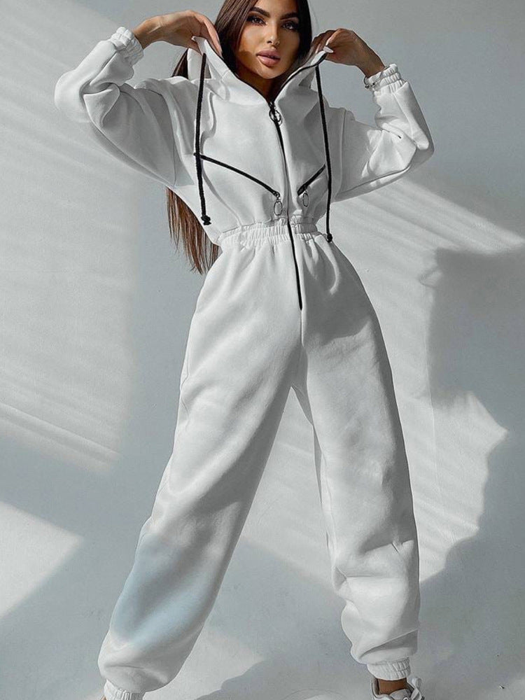 Damen Taillierter Kapuzen-Sweat-Jumpsuit mit Reißverschluss und elastischem Taillenbund – Solévia