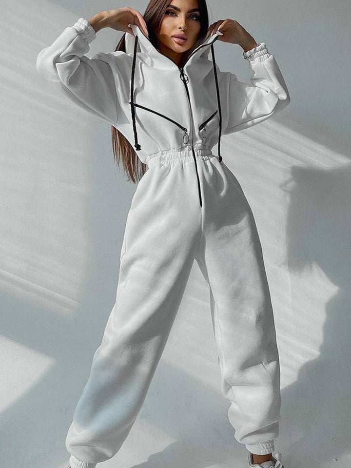 Damen Taillierter Kapuzen-Sweat-Jumpsuit mit Reißverschluss und elastischem Taillenbund – Solévia