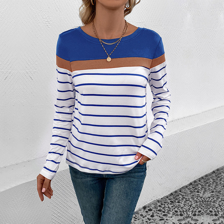 Damen Langarm-Shirt mit Streifenmuster, kontrastierender Passe und legerer Silhouette – Orélia