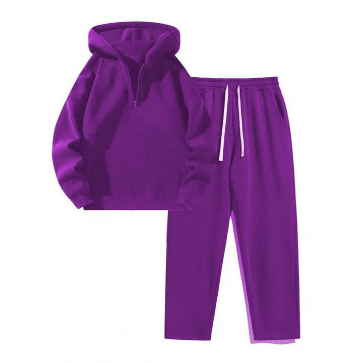 Damen Relax-Set mit kurzem Halbzip, übergroßer Kapuze und taillenhoher tapered Jogginghose – Auréline