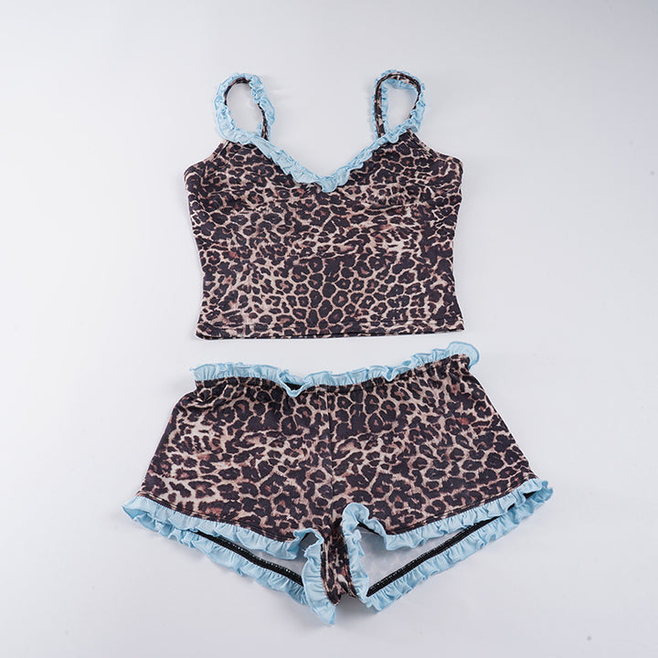 Damen Schlafanzug-Set mit Leopardenmuster und Rüschendetails Echo Archiv