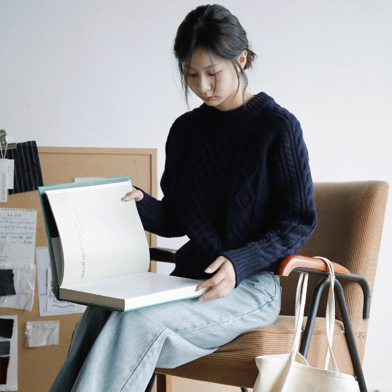 Damen Strukturierter Zopfmuster-Pullover aus Merino-Mix mit gerippten Abschlüssen und kastiger Passform Echoarchiv