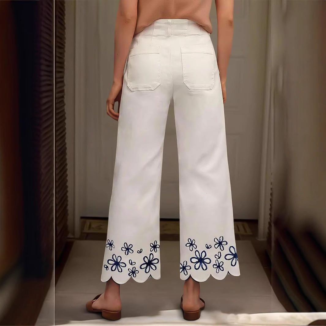 Damen Weite Culotte-Jeans mit gesticktem Blumenmuster Echo Archiv