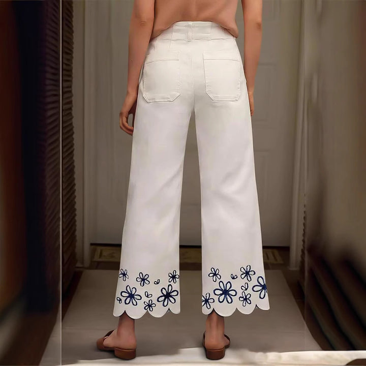 Damen Weite Culotte-Jeans mit gesticktem Blumenmuster Echo Archiv